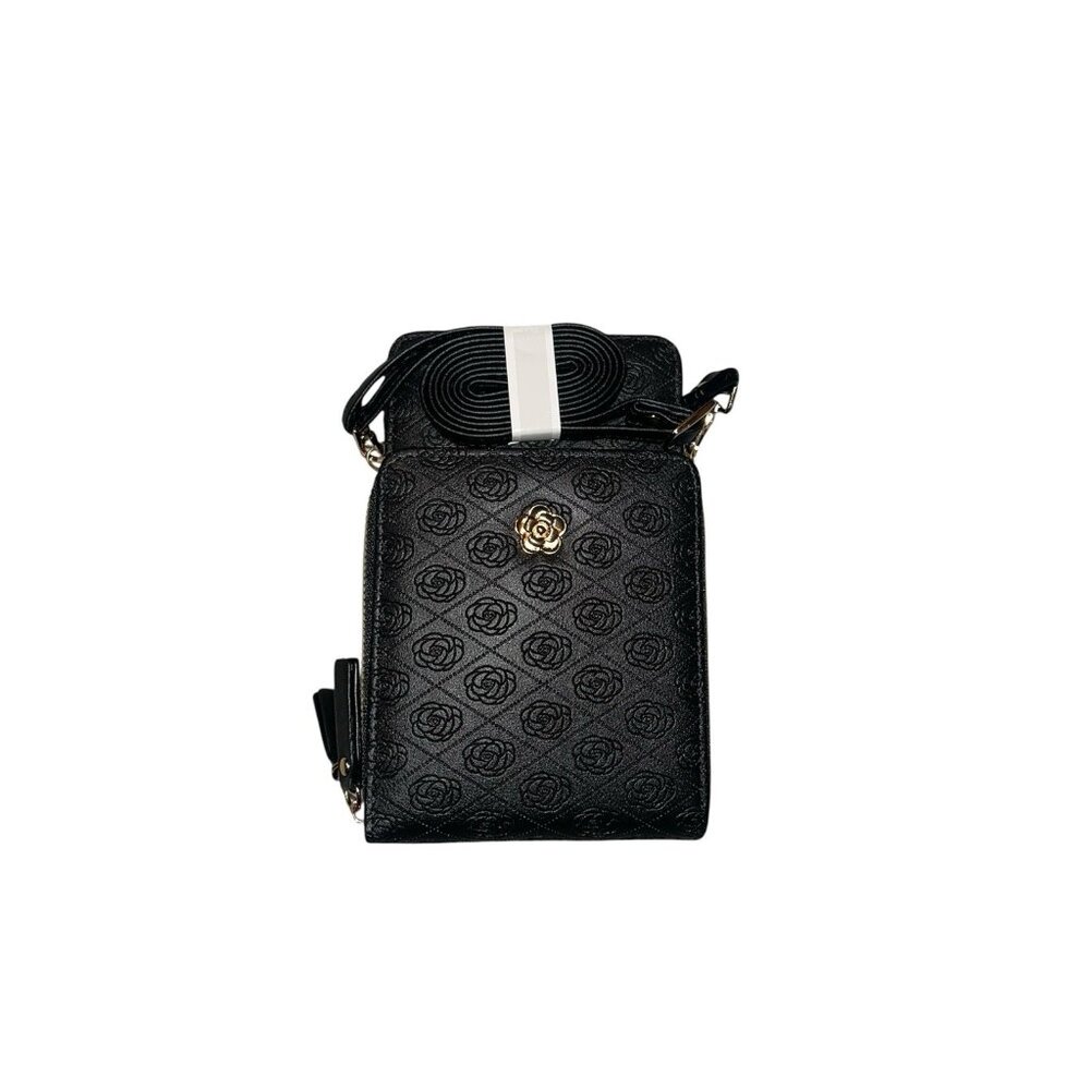 Chic Black Floral Crossbody Mini Cell Phone Pouch Shoulder Strap Bag Purse